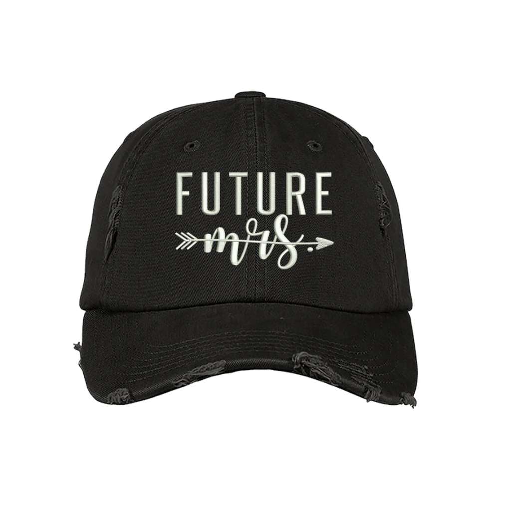 Black stylish distressed baseball hat embroidered with Future Mrs.—the perfect accessory for brides-to-be celebrating their engagement journey - DSY Lifestyle