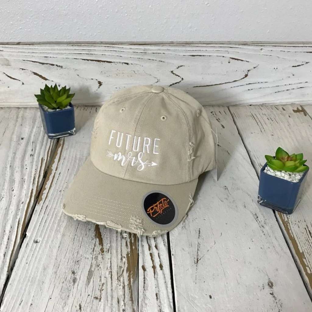 Khaki stylish distressed baseball hat embroidered with Future Mrs.—the perfect accessory for brides-to-be celebrating their engagement journey - DSY Lifestyle