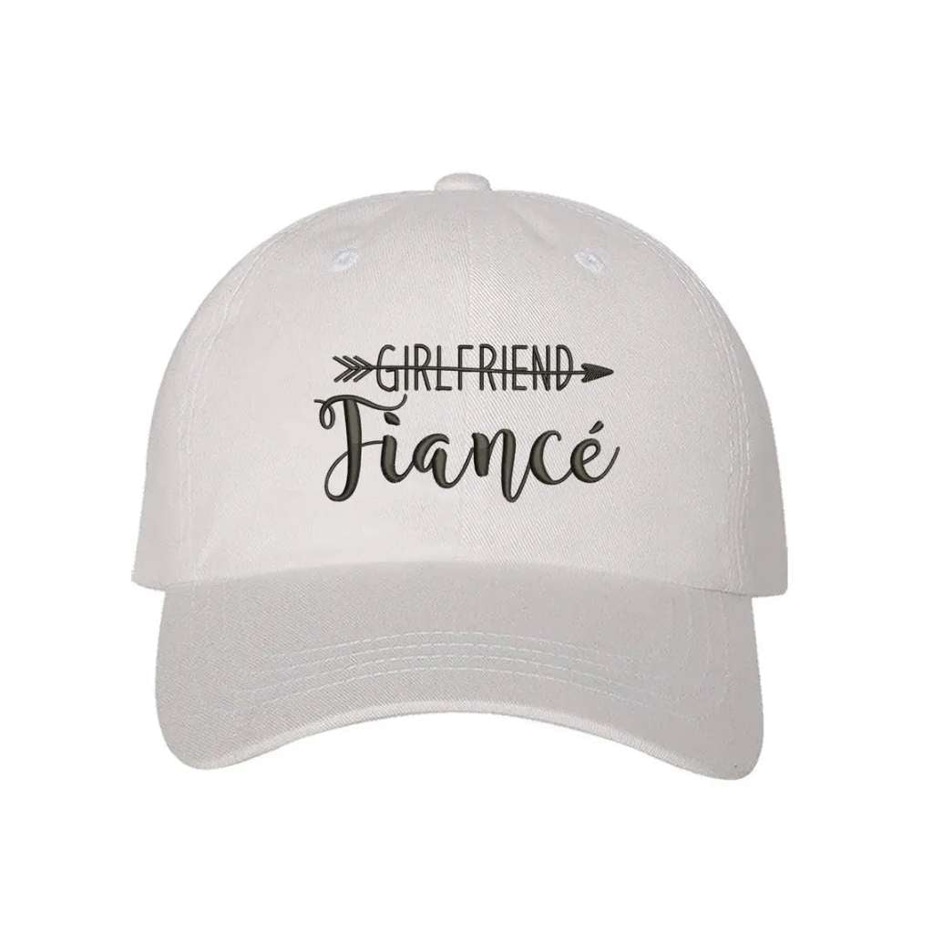 White trendy embroidered baseball hat featuring Girlfriend Fiancé, perfect for newly engaged women celebrating their new relationship status - DSY Lifestyle