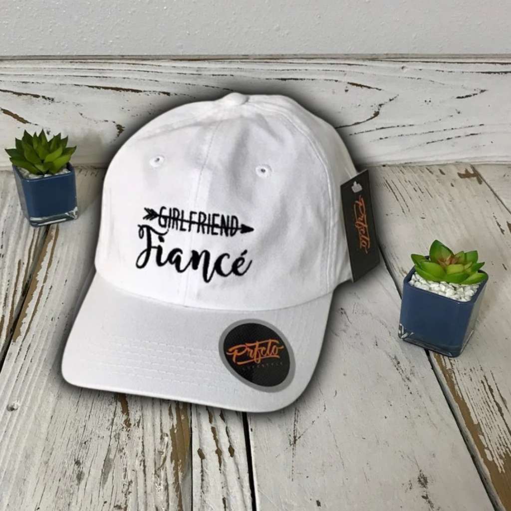 White trendy embroidered baseball hat featuring Girlfriend Fiancé, perfect for newly engaged women celebrating their new relationship status - DSY Lifestyle