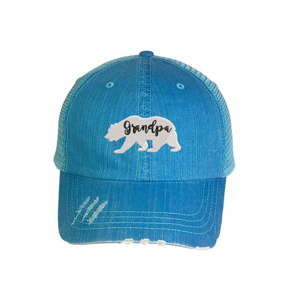 Aqua distressed trucker hat embroidered with the phrase Grandpa Bear - DSY Lifestyle