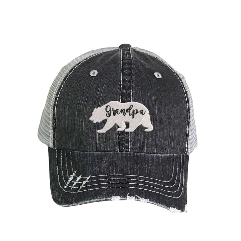 Black distressed trucker hat embroidered with the phrase Grandpa Bear - DSY Lifestyle