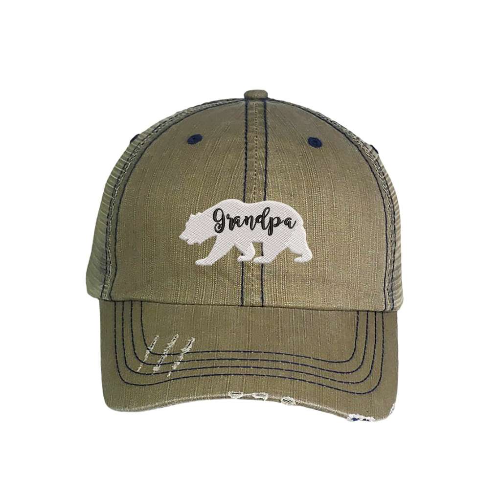 Khaki distressed trucker hat embroidered with the phrase Grandpa Bear - DSY Lifestyle