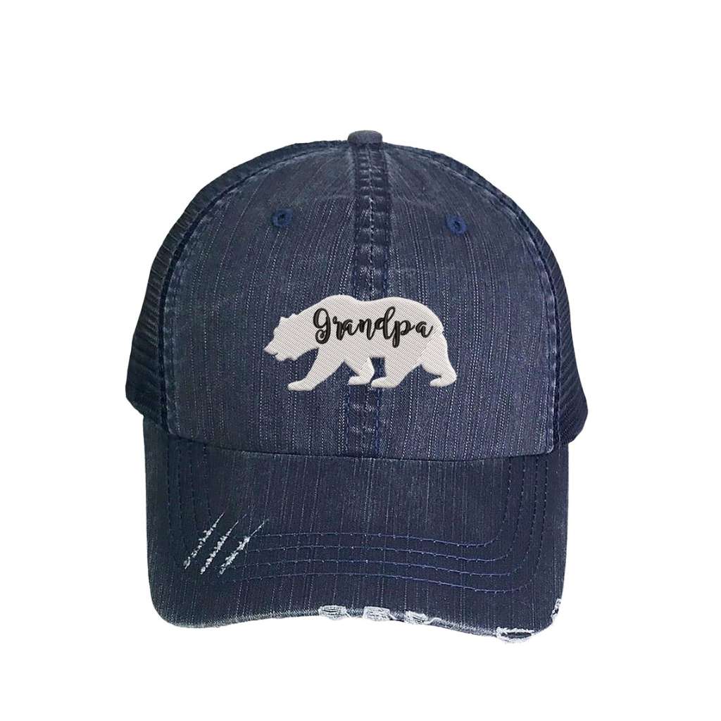 Navy distressed trucker hat embroidered with the phrase Grandpa Bear - DSY Lifestyle