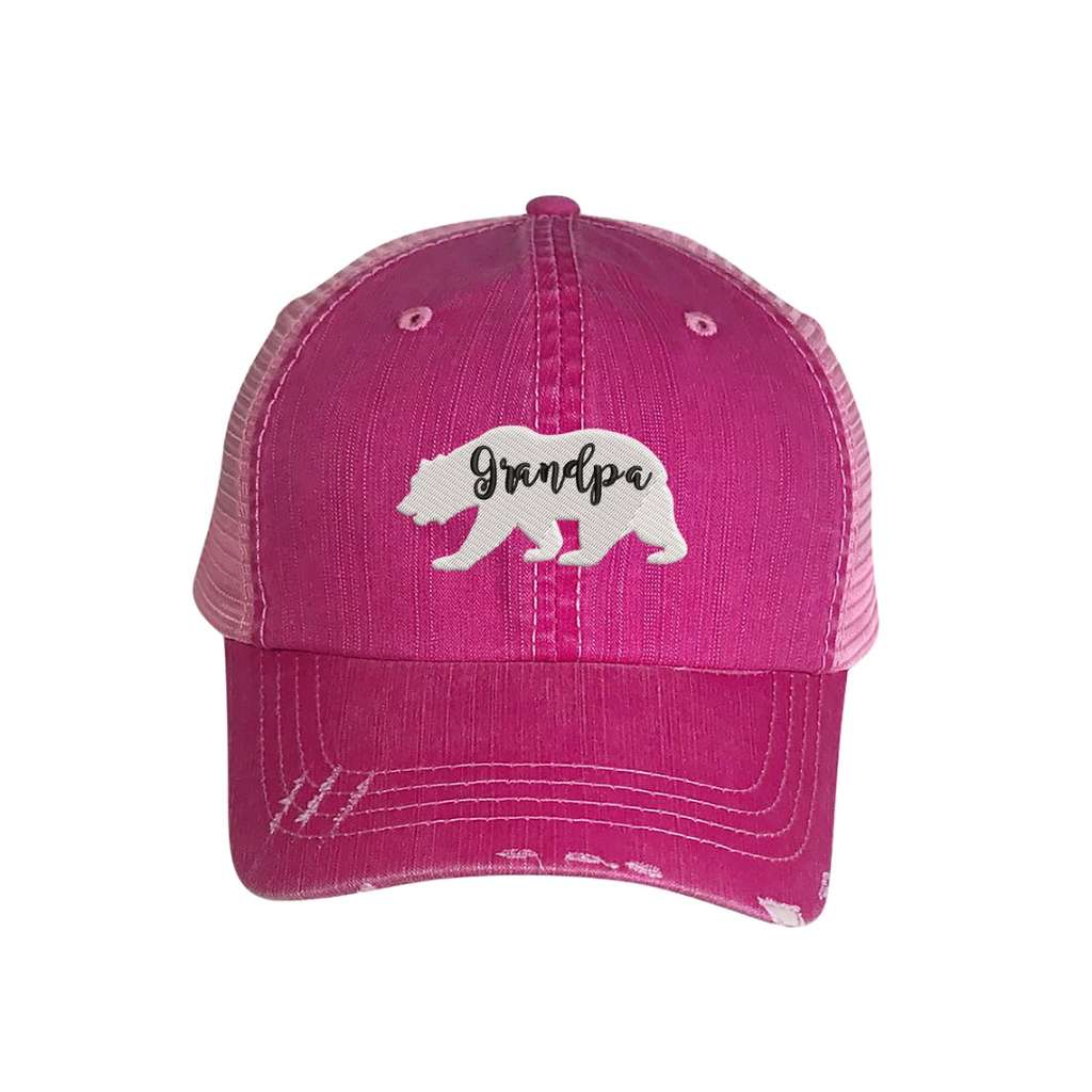 Pink distressed trucker hat embroidered with the phrase Grandpa Bear - DSY Lifestyle