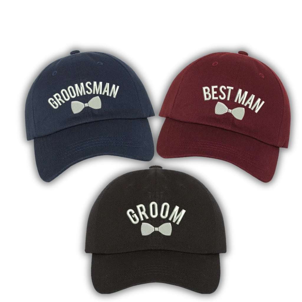 Three stylish embroidered baseball hats featuring the word Groom Groomsman and Best Man with a bow design, perfect for grooms celebrating their wedding journey in a trendy way - DSY Lifestyle