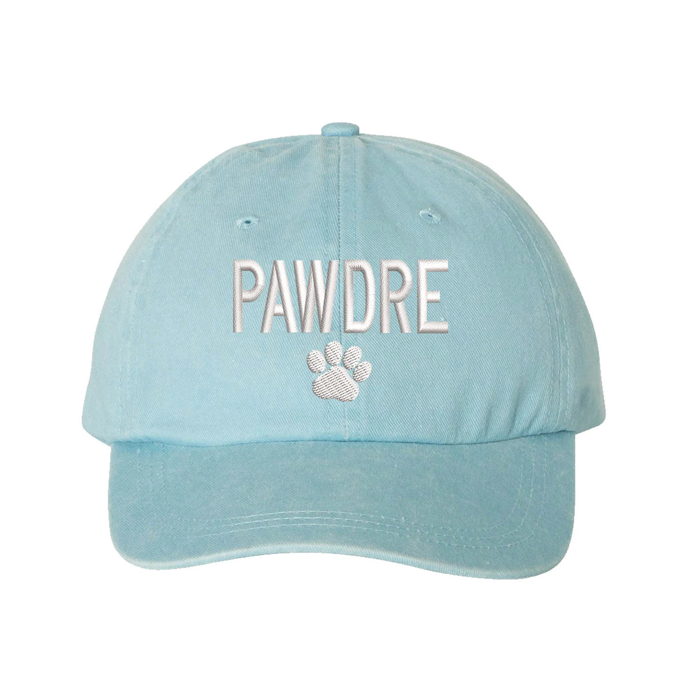 Washed light blue baseball hat embroidered with the phrase pawdre and a dog paw-DSY Lifestyle