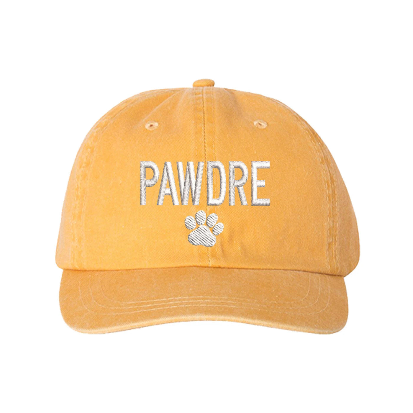 Washed Yellow baseball hat embroidered with the phrase pawdre and a dog paw-DSY Lifestyle