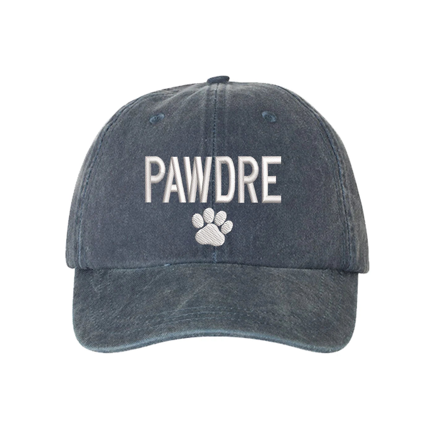 Washed Navy blue baseball hat embroidered with the phrase pawdre and a dog paw-DSY Lifestyle