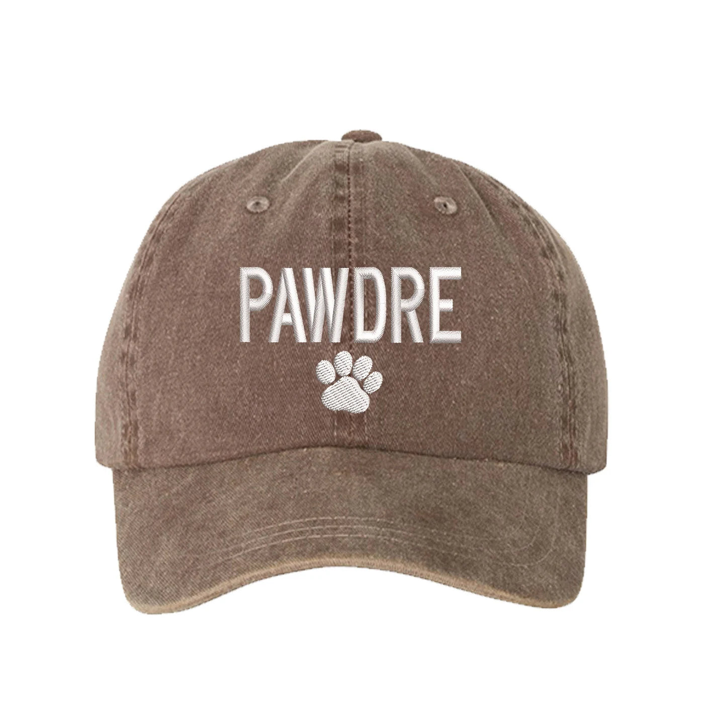 Washed brown baseball hat embroidered with the phrase pawdre and a dog paw-DSY Lifestyle