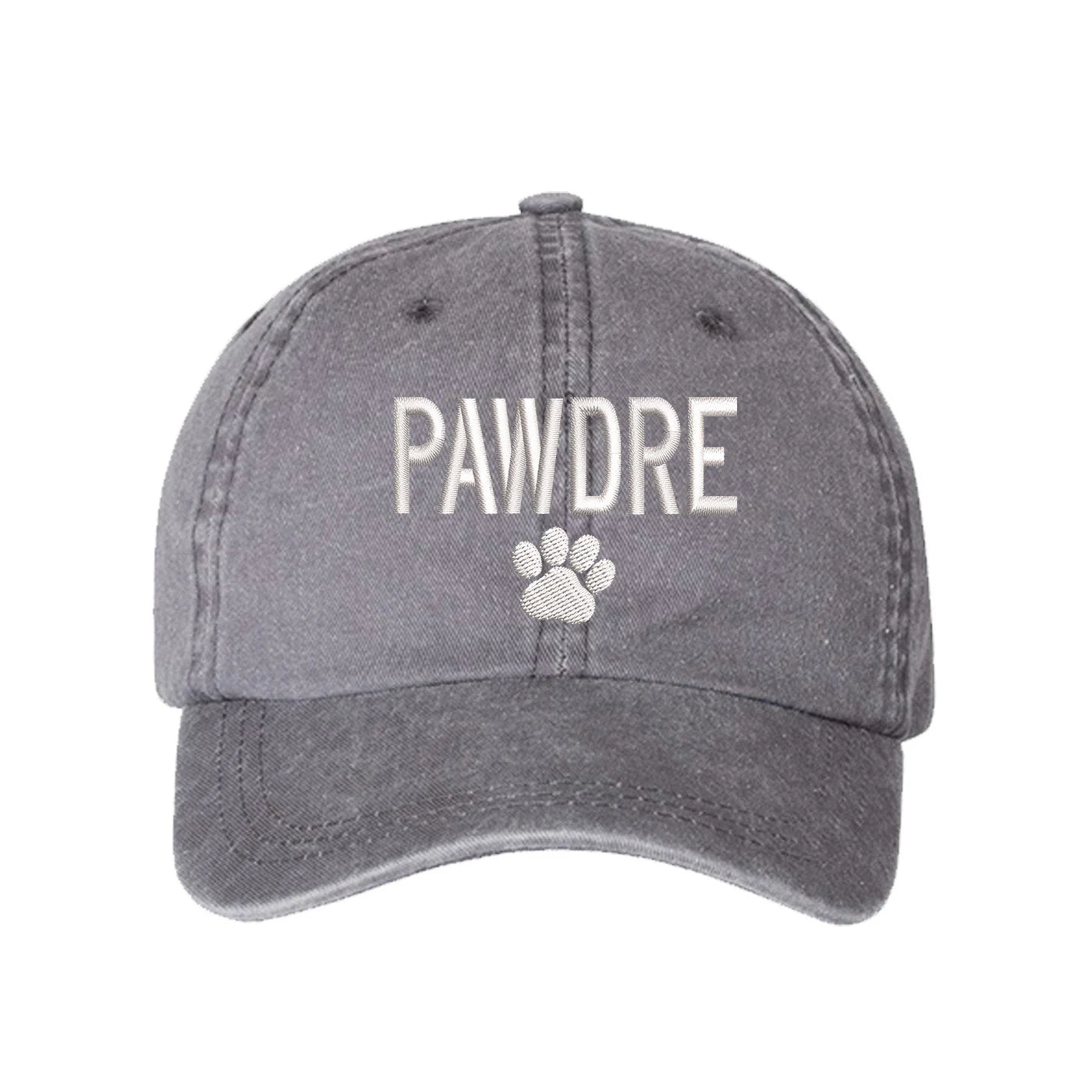 Washed Grey baseball hat embroidered with the phrase pawdre and a dog paw-DSY Lifestyle