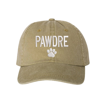 Washed Khaki baseball hat embroidered with the phrase pawdre and a dog paw-DSY Lifestyle