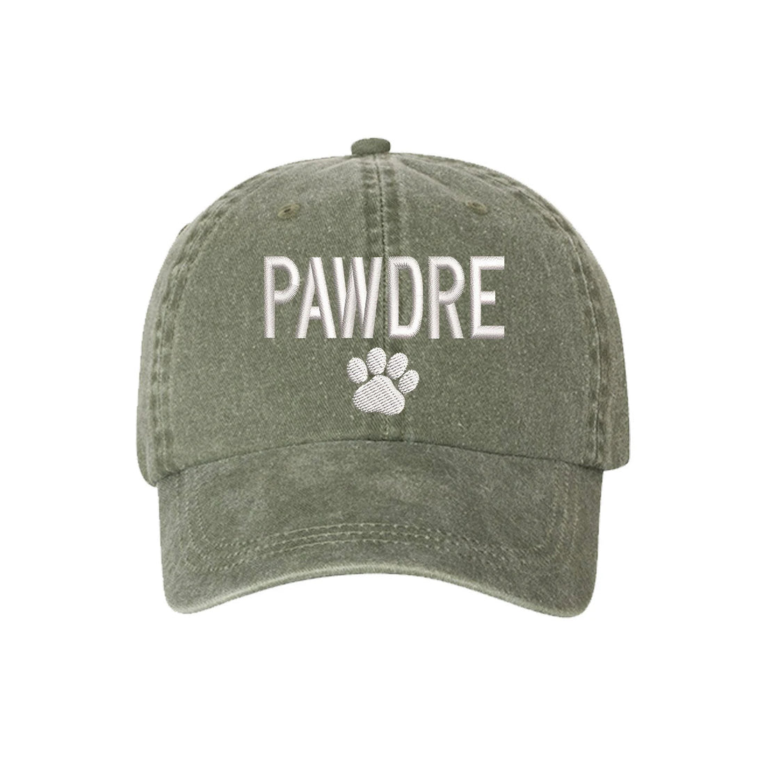 Washed Olive baseball hat embroidered with the phrase pawdre and a dog paw-DSY Lifestyle