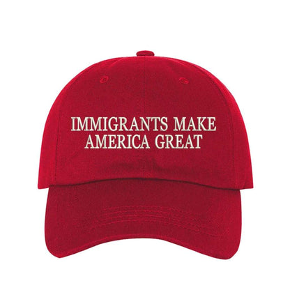 Red baseball hat embroidered with the phrase Immigrants Make America Great - DSY Lifestyle