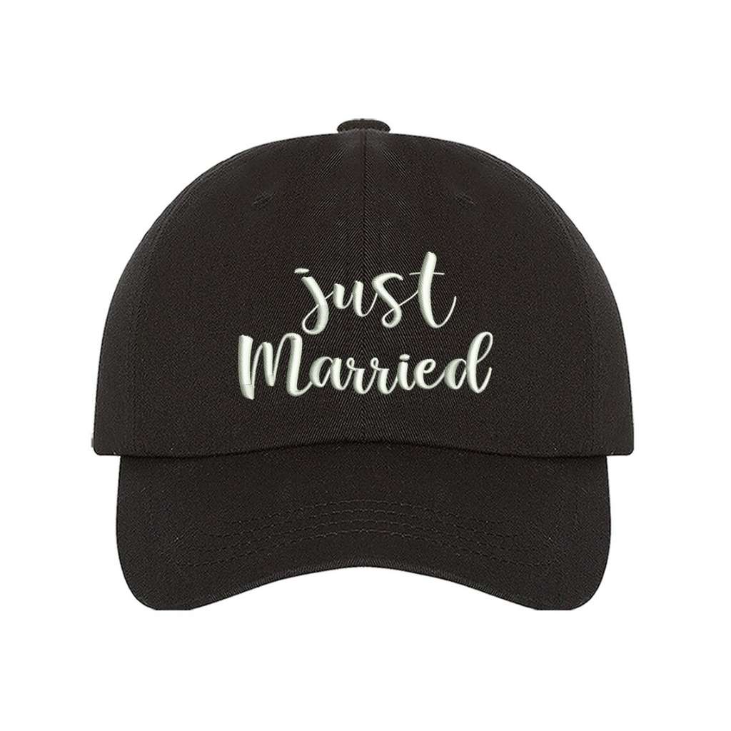 Black baseball hat with Just Married embroidered in elegant script, perfect for honeymoon outfits and newlywed celebrations - DSY Lifestyle