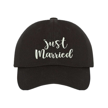 Black baseball hat with Just Married embroidered in elegant script, perfect for honeymoon outfits and newlywed celebrations - DSY Lifestyle