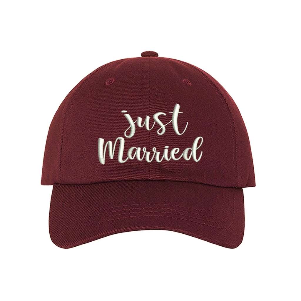 Burgundy baseball hat with Just Married embroidered in elegant script, perfect for honeymoon outfits and newlywed celebrations - DSY Lifestyle