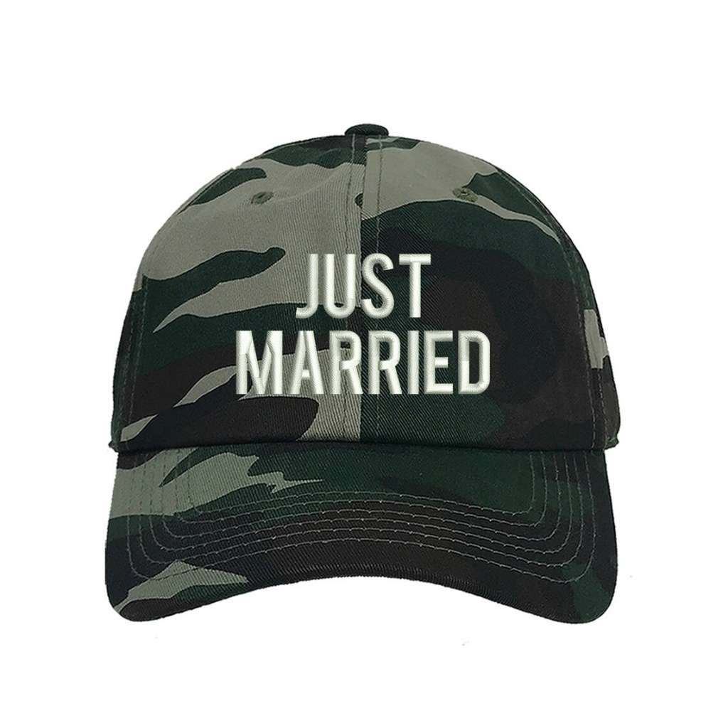 Camo Green baseball hat with Just Married embroidered in elegant script, perfect for honeymoon outfits and newlywed celebrations - DSY Lifestyle