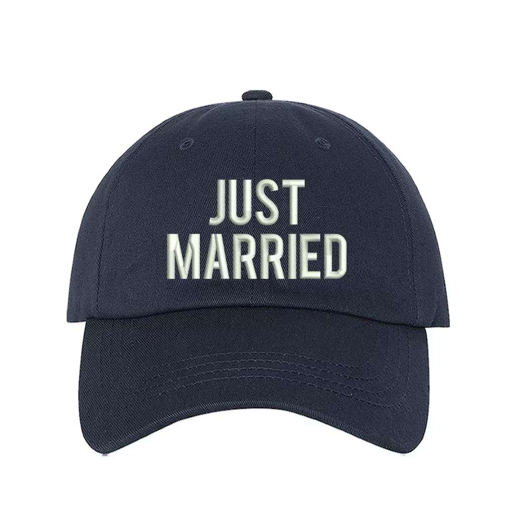 Navy Blue baseball hat with Just Married embroidered in elegant script, perfect for honeymoon outfits and newlywed celebrations - DSY Lifestyle