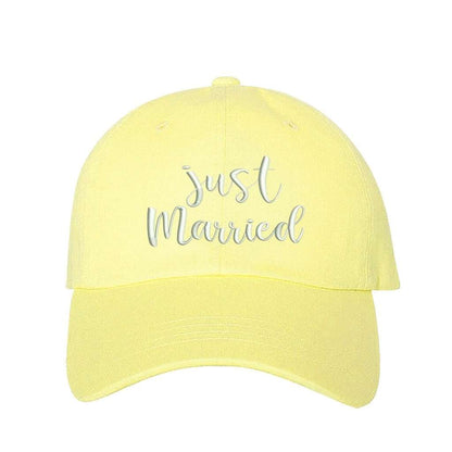 Soft Yellow baseball hat with Just Married embroidered in elegant script, perfect for honeymoon outfits and newlywed celebrations - DSY Lifestyle