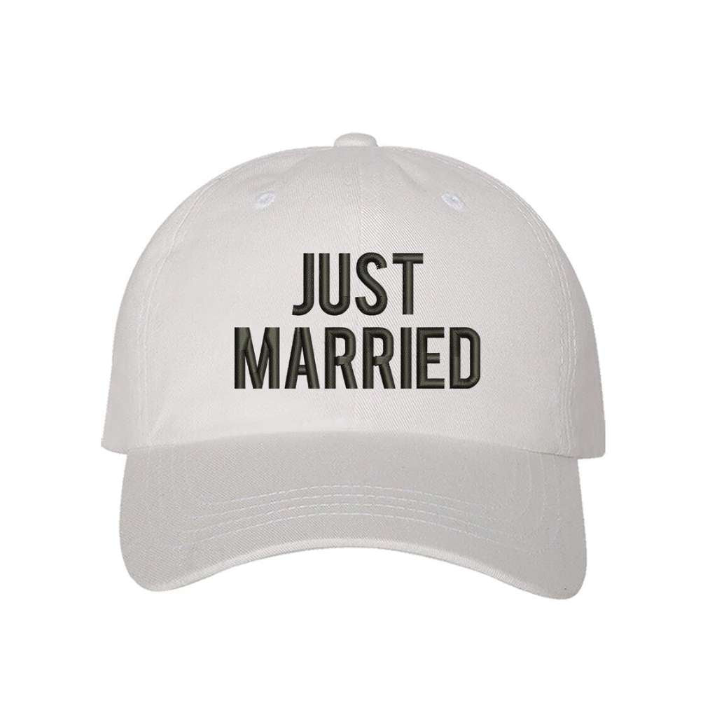 White baseball hat with Just Married embroidered in elegant script, perfect for honeymoon outfits and newlywed celebrations - DSY Lifestyle