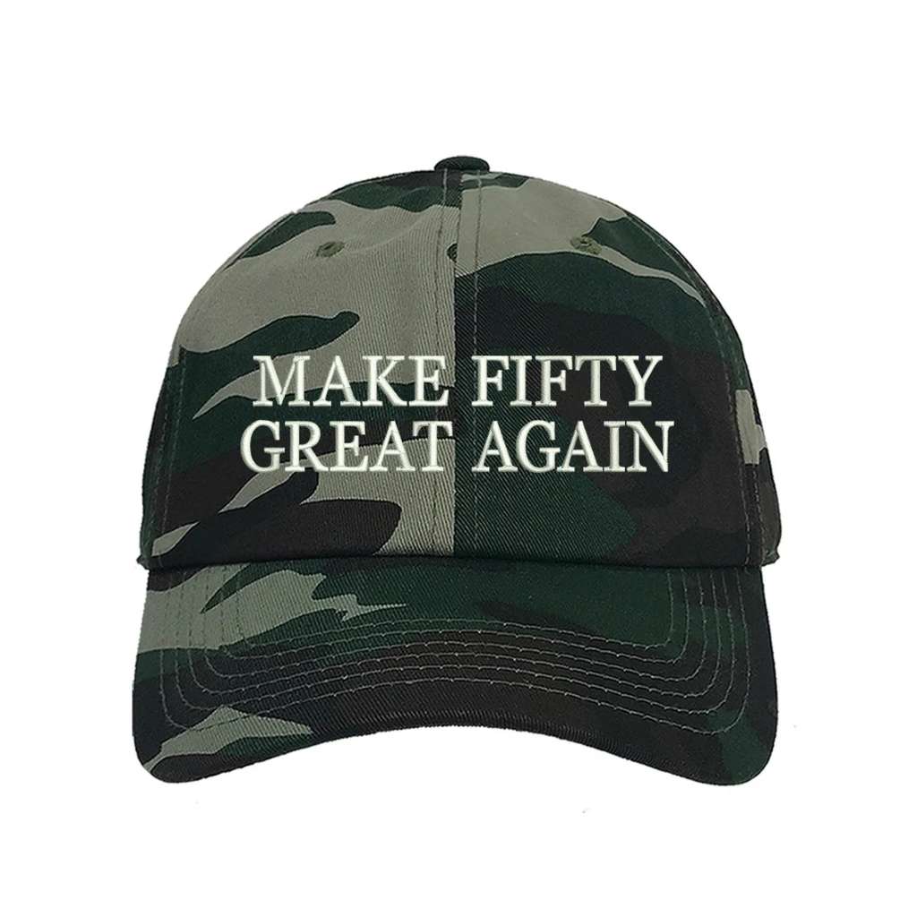 Camo Green stylish baseball hat with Make Fifty Great Again embroidered on the front, featuring an adjustable strap and soft cotton fabric for a comfortable and classic fit - DSY Lifestyle