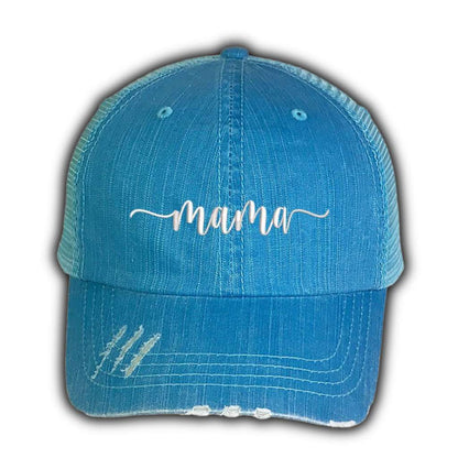 Aqua distressed trucker hat with Mama embroidered on the front, featuring a breathable mesh back and adjustable fit for all-day comfort.