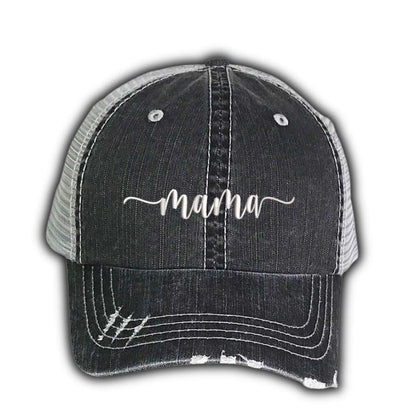 Black distressed trucker hat with Mama embroidered on the front, featuring a breathable mesh back and adjustable fit for all-day comfort.