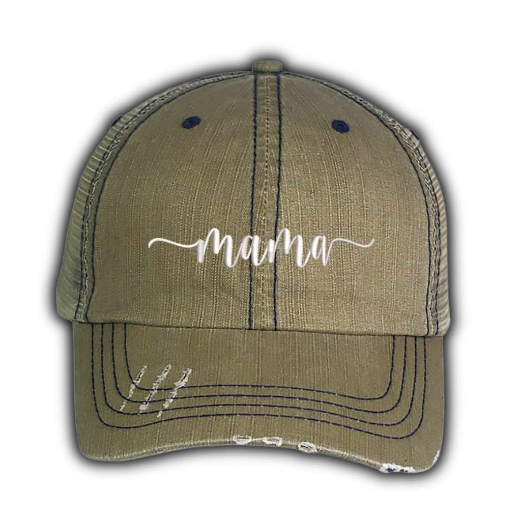 Khaki distressed trucker hat with Mama embroidered on the front, featuring a breathable mesh back and adjustable fit for all-day comfort.