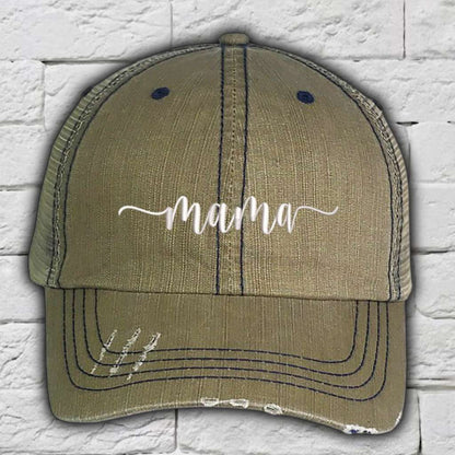 Khaki distressed trucker hat with Mama embroidered on the front, featuring a breathable mesh back and adjustable fit for all-day comfort.