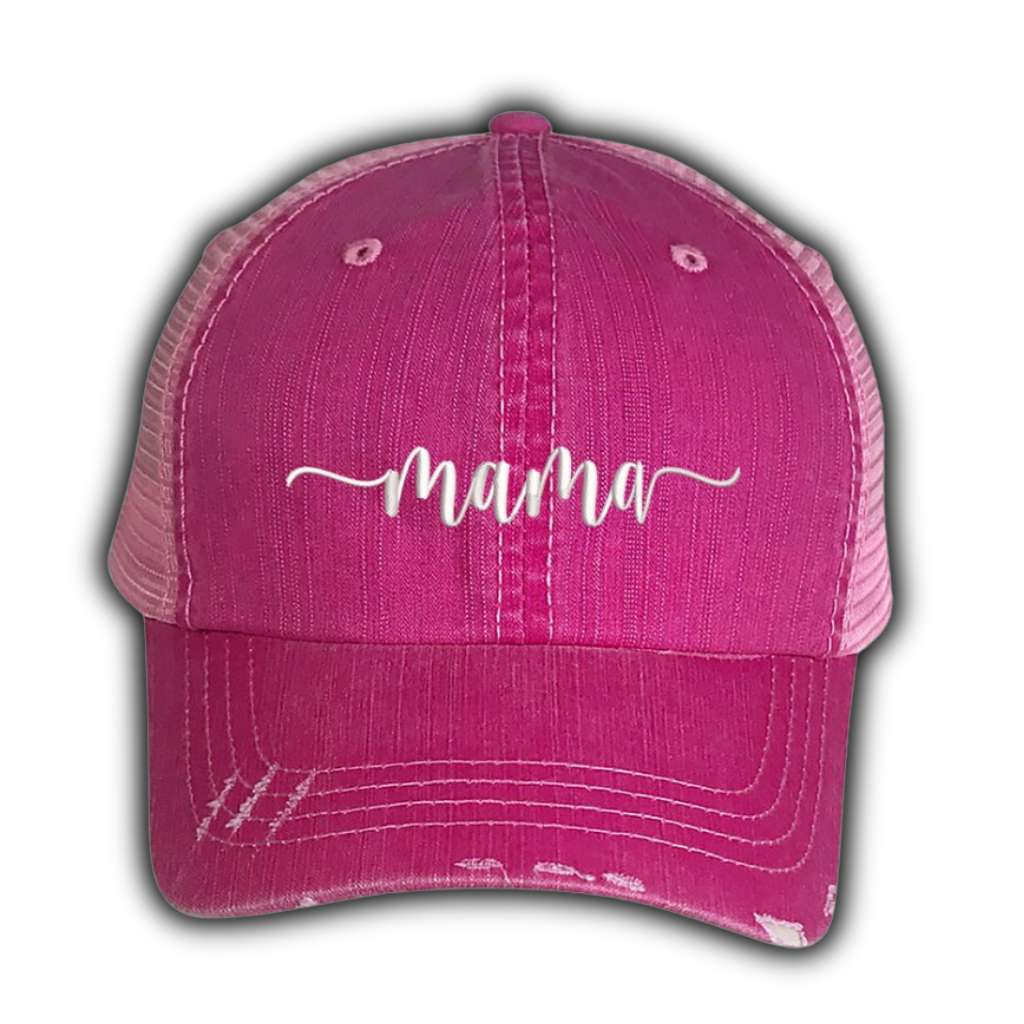 Light Pink distressed trucker hat with Mama embroidered on the front, featuring a breathable mesh back and adjustable fit for all-day comfort.