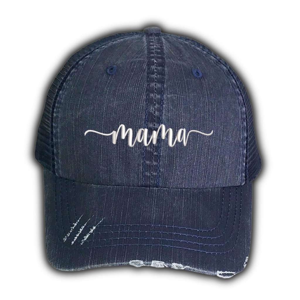 Navy Blue distressed trucker hat with Mama embroidered on the front, featuring a breathable mesh back and adjustable fit for all-day comfort.