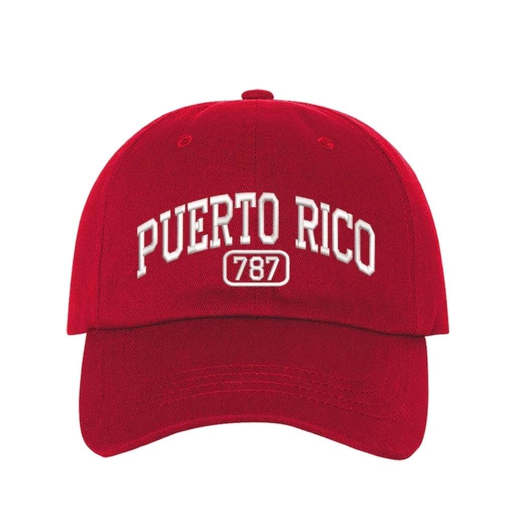 Red baseball hat embroidered with the phrase Puerto Rico 787 - DSY Lifestyle