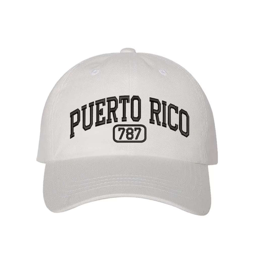 White baseball hat embroidered with the phrase Puerto Rico 787 - DSY Lifestyle