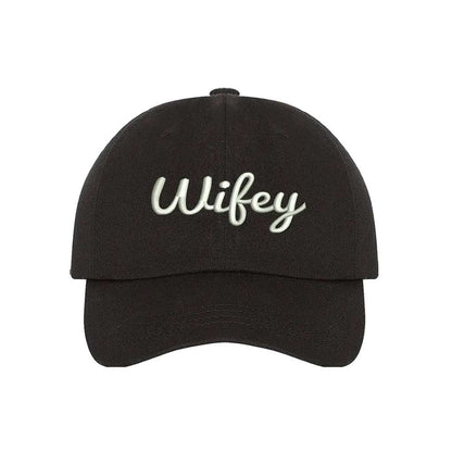 Black classic embroidered baseball hat with Wifey text, perfect for brides, newlyweds, and wives who love a stylish, casual look - DSY Lifestyle