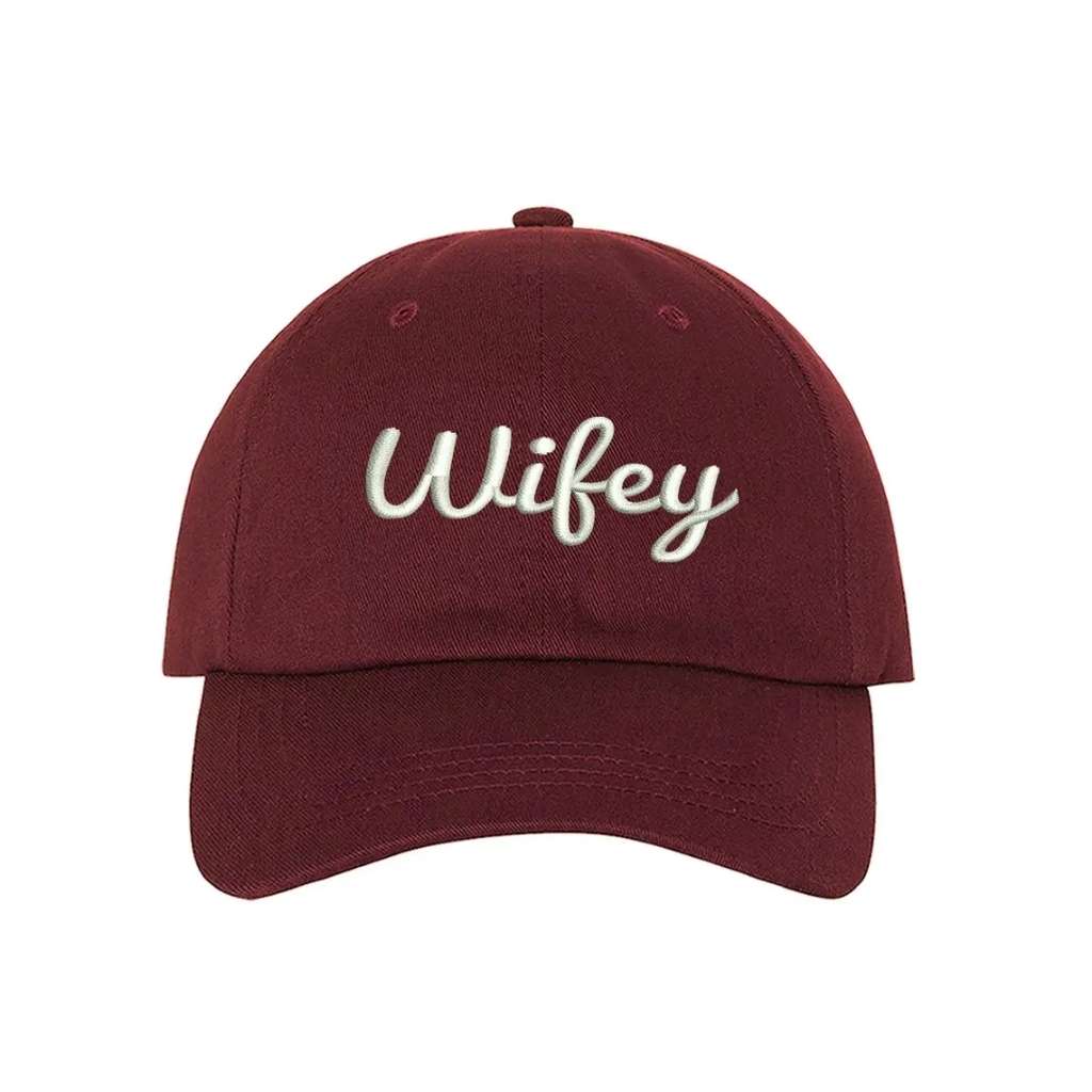 Burgundy classic embroidered baseball hat with Wifey text, perfect for brides, newlyweds, and wives who love a stylish, casual look - DSY Lifestyle