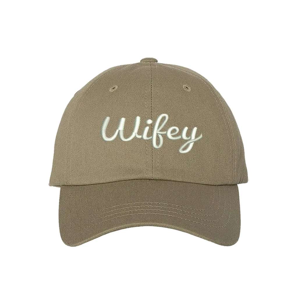 Khaki classic embroidered baseball hat with Wifey text, perfect for brides, newlyweds, and wives who love a stylish, casual look - DSY Lifestyle