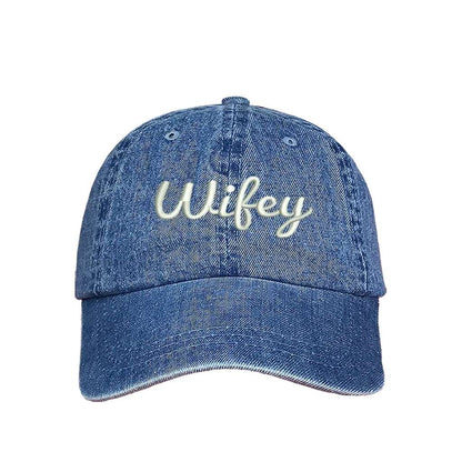 Light Denim classic embroidered baseball hat with Wifey text, perfect for brides, newlyweds, and wives who love a stylish, casual look - DSY Lifestyle