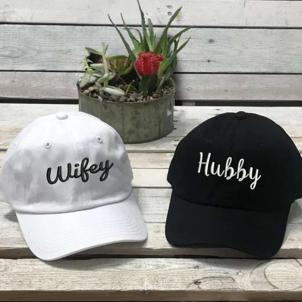 Rock your Hubby status with this Black embroidered baseball hat and White Wifey embroidered baseball hat! Perfect for grooms, husbands, and newlyweds looking for a stylish and comfy cap - DSY Lifestyle