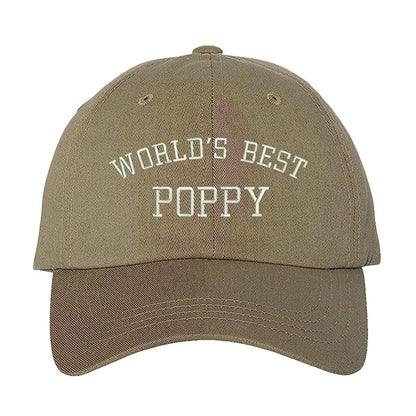 Tan baseball hat embroidered with the phrase world best poppy- DSY Lifestyle