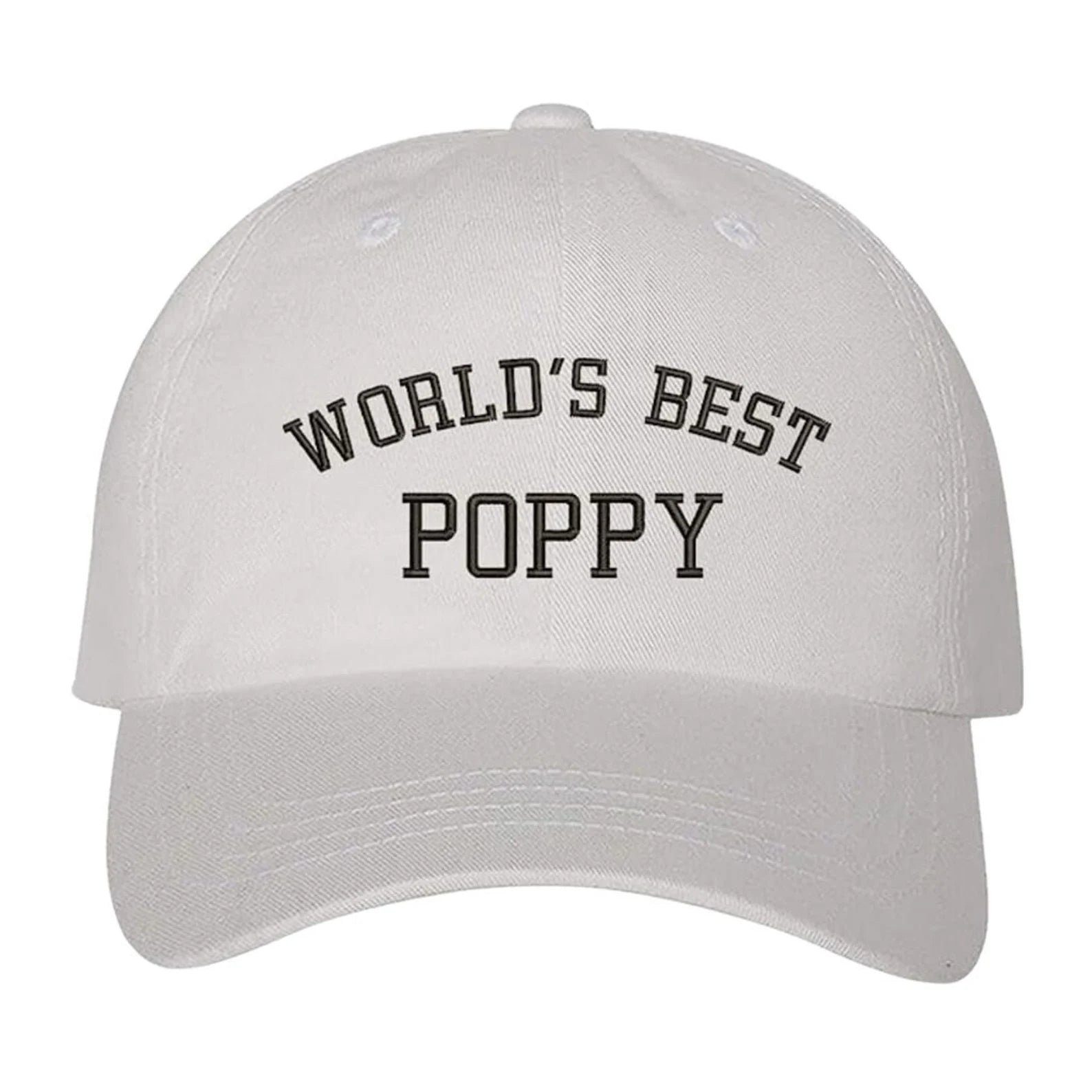 White baseball hat embroidered with the phrase world best poppy- DSY Lifestyle