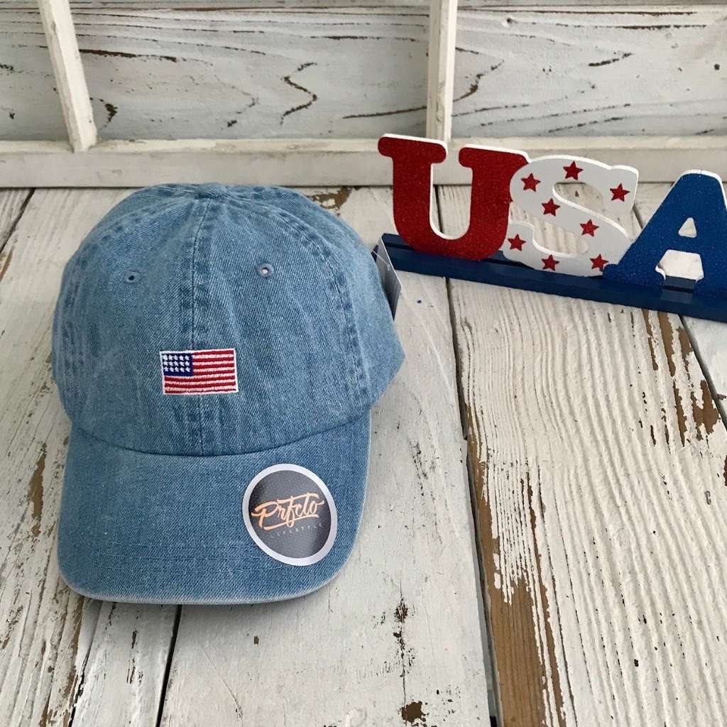 light denim baseball hat with USA Flag embroidered on the front - DSY Lifestyle