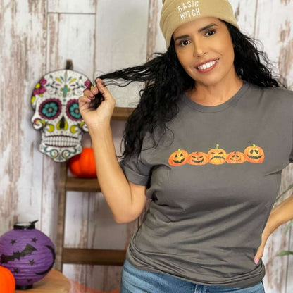 Close up of female wearing gray Unisex Tshirt with 5 pumpkin printed in the front - DSY Lifestyle