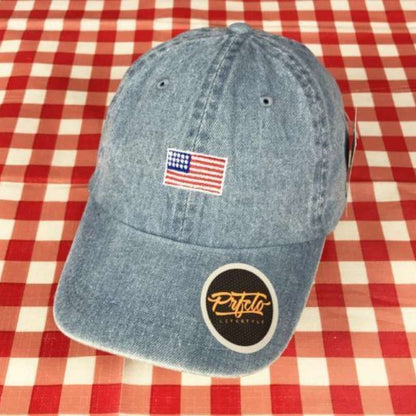 light denim baseball hat with USA Flag embroidered on the front - DSY Lifestyle