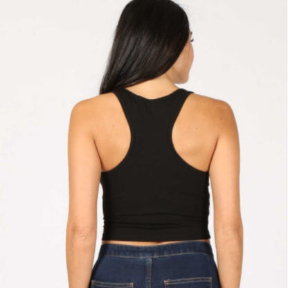 female showing the back of the black racerback tank top - DSY Lifestyle