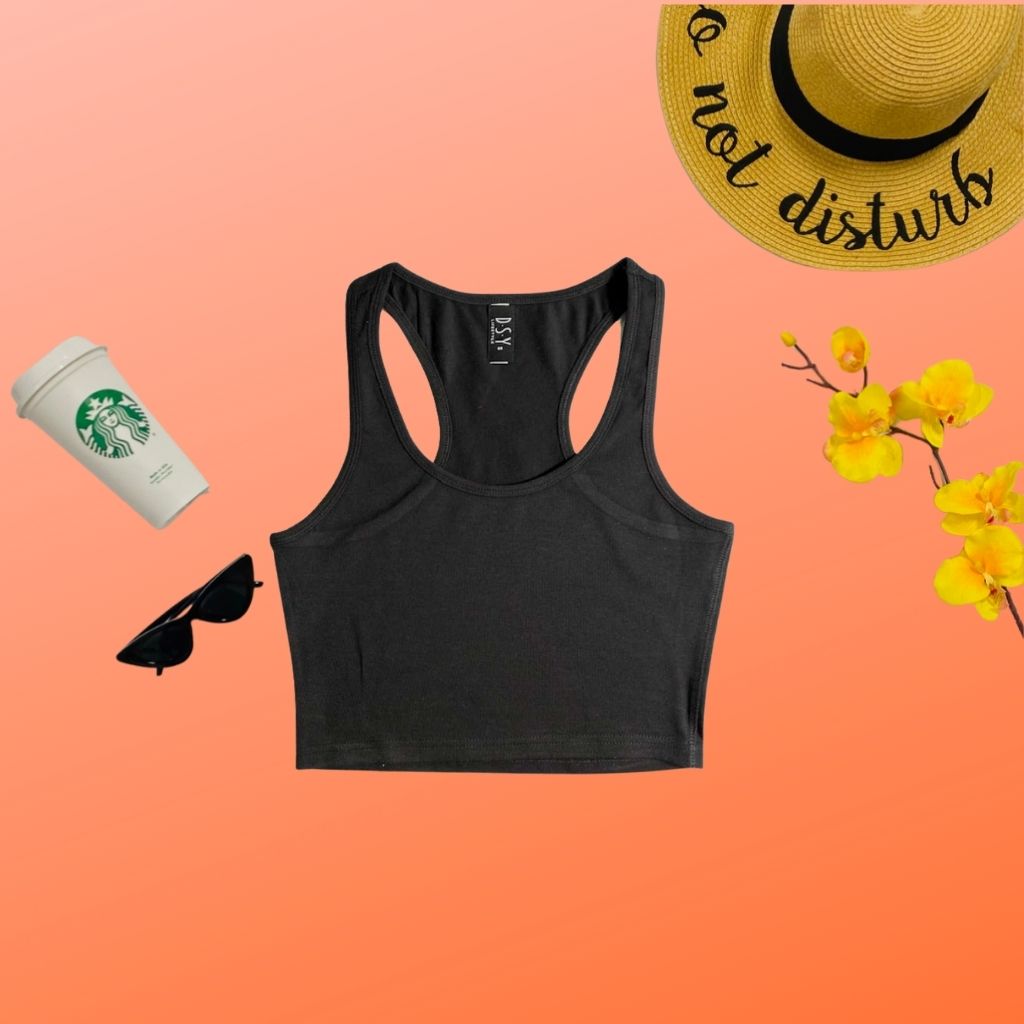 flat lay of black color racerback crop top - DSY Lifestyle