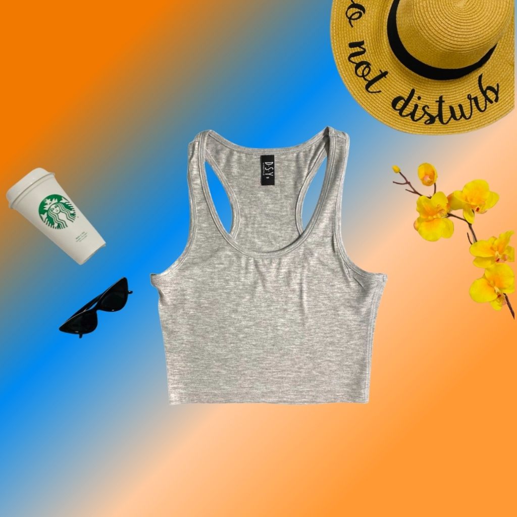 flat lay of gray color racerback crop top - DSY Lifestyle