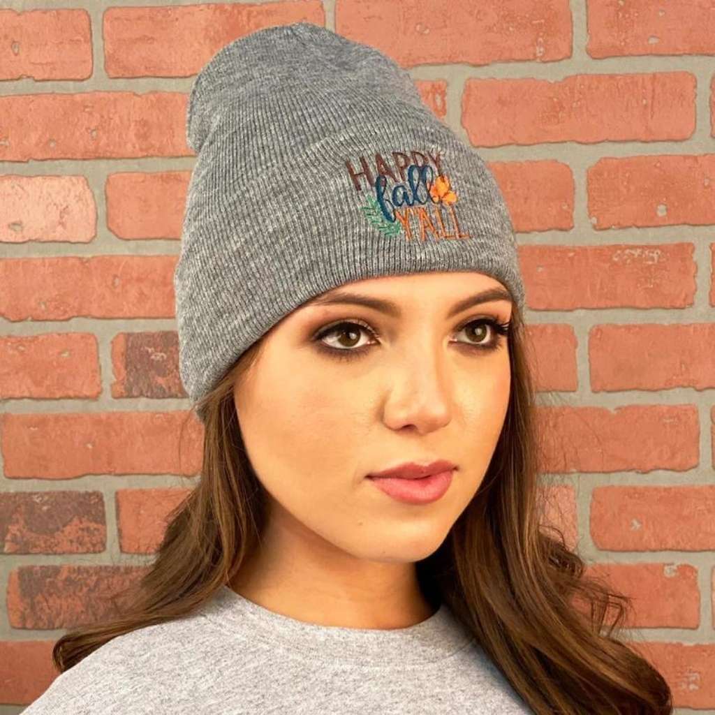 Model wearing Dark Heather Grey cuffed beanie with Happy Fall Ya&