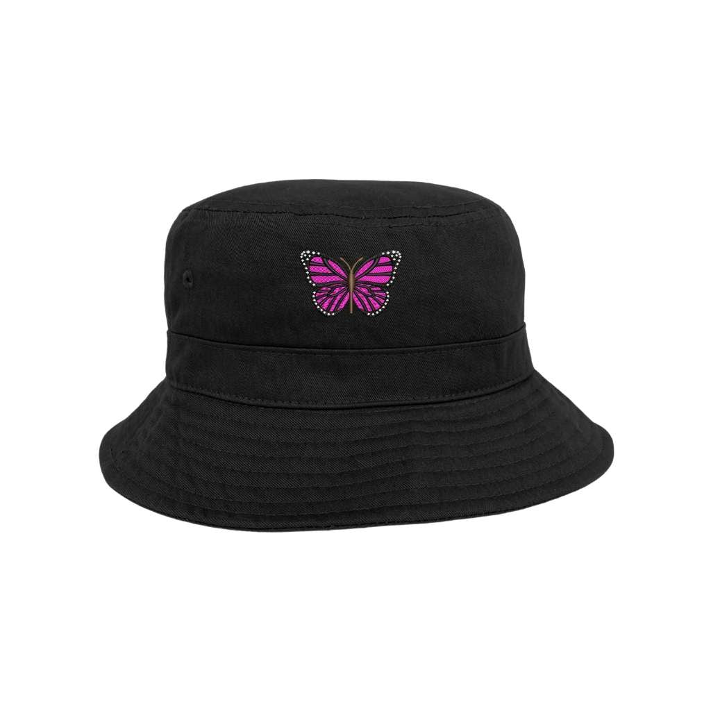 Embroidered hot pink butterfly on black bucket hat - DSY Lifestyle