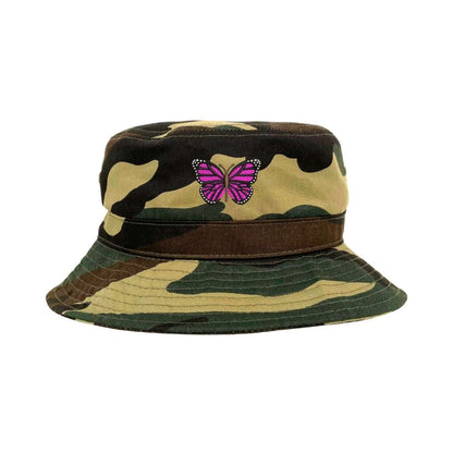 Embroidered hot pink butterfly on camo bucket hat - DSY Lifestyle